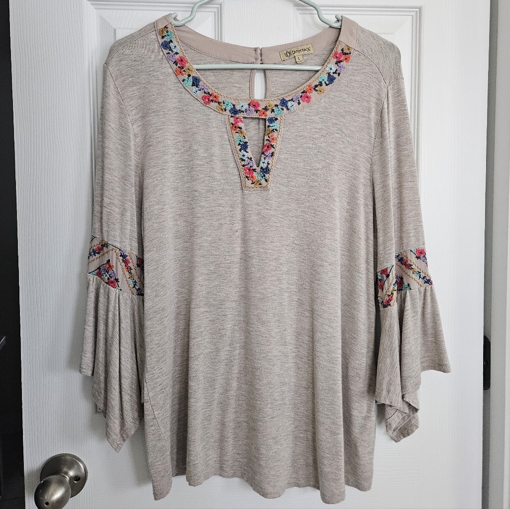 Democracy Embroidered Bell Sleeve Key-Hole Top